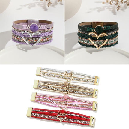 Chic Women's Multi-Color Leather Wrap Bracelet Love Heart Charms Magnetic Clasp - Aimall