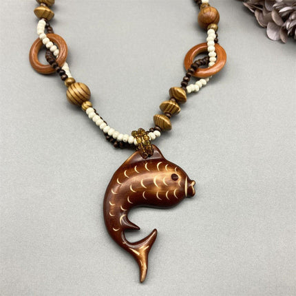 Long Wood Necklace with Fish Pendant Unique Fashion Jewelry Ornament