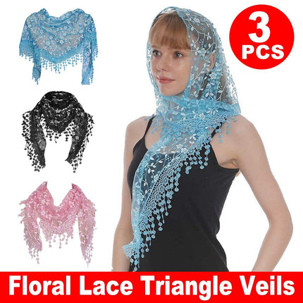 3pcs Floral Lace Tricot Veil Women Scarf Headscarf Soft Lightweight Accessories