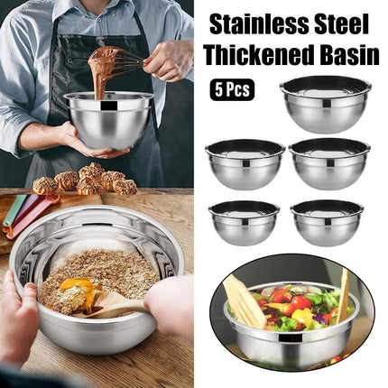 5PCS Stainless Steel Mixing Bowl Set with Black Dust Cover for Cooking Baking
