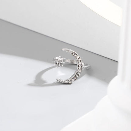 Alloy Star Moon Opening Rings Rhinestone Crescent Couple Ring Women - Aimall