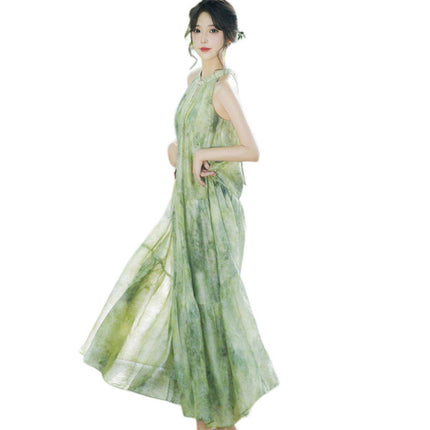 Women Chinese Style Green Halter Neck Long Dress Elegant Evening Gown