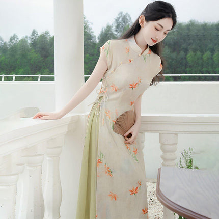 Chinese Women Long Dress Modified Cheongsam Design Sense Elegant Temperament