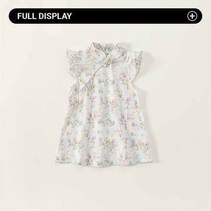 Summer Cheongsam Dresses Girl Stand Collar Flying Sleeves Dresses Rabbit Print