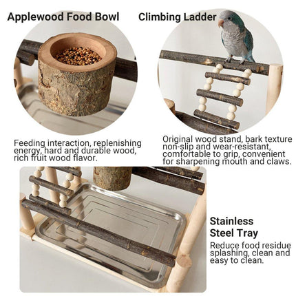 Wooden Parrot Stand Pole Interactive Bird Stand with Food Bowl Climbing Ladder