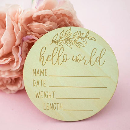 Hello World Baby Birth Announcement Plaque Wooden Disc Introducing Name Card - Aimall