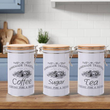3PCS White Tinplate Coffee Tea Sugar Storage Jar Set Sealed Kitchen Counter