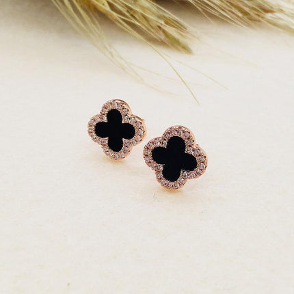 Sterling silver needle women's black four-leaf clover earrings
