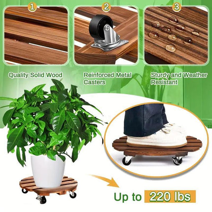 Wooden Round Universal Wheel Planter Base Tray Mobile Planter Stand for Garden