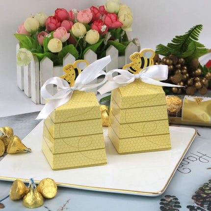 50PCS Bee Party Candy Box Chocolate Box with Ribbon Yellow Gift Boxes