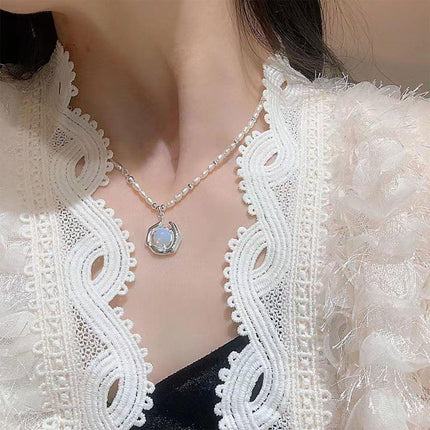 Vintage Moonstone and Pearl Necklace with Chain Fashion Jewelry Women and Girls