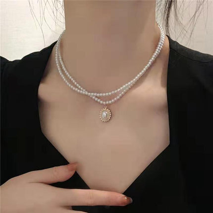 Retro Double Layer Women Necklace Pendant Necklace Clavicle Chain Pearl Choker - Aimall