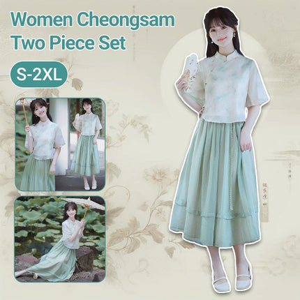 Chinese Style Girl Two-Piece Set New Retro Printed Improved Cheongsam