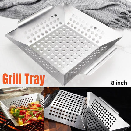 8 Inch Stainless Steel BBQ Grill Tray Perforated Pan Outdoor Barbecue Basket