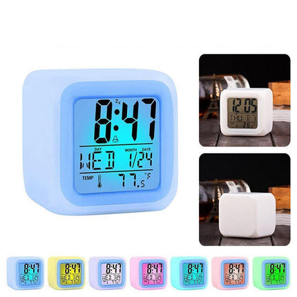 7 Colours Changing Digital Clock Temperature Light Cube Desk Kids Wake Up Alarm - Aimall