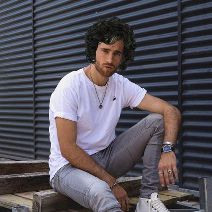 Mens Short Curly Hair Wig Black Natural Looking Hairpiece for Daily Costume Use