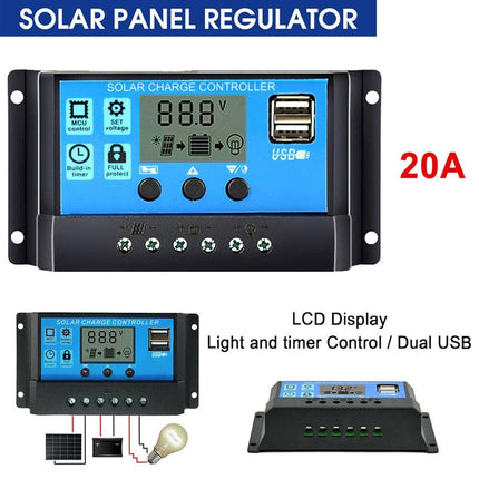 20A Solar Charge Controller 12V 24V LCD 2 USB Ports Lead-Acid Regulator