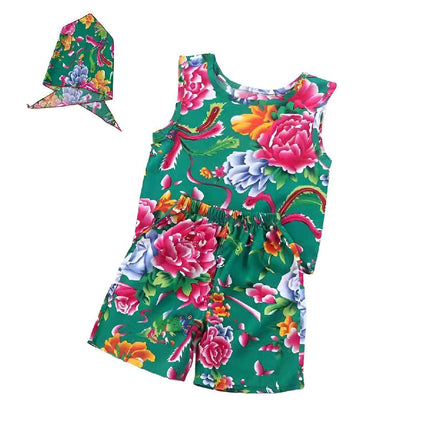 Floral Print Summer Outfit Cotton Vest Shorts and Scarf Three-Piece Set