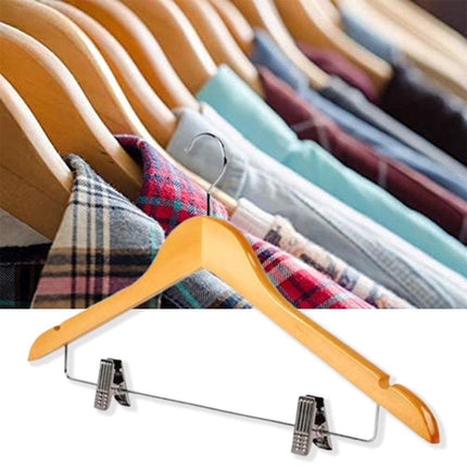 10 Pcs Wooden Non-Slip Wide Shoulder Clothes Hanger with Clip for Hotel Wardrobe