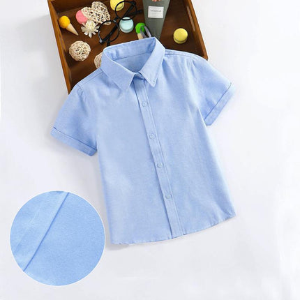 Boys Children's Kids Blue Short Sleeve School Shirt Open Neck With Lay Back Collar - Aimall