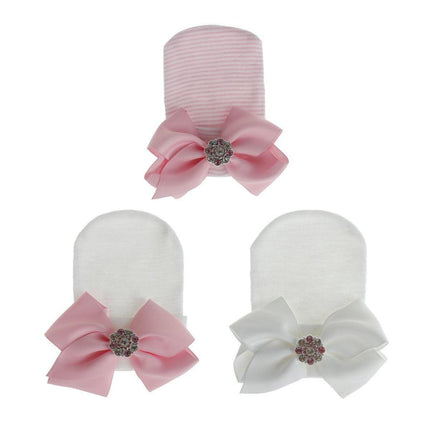 3PCS Baby Girl Knit Hat Pink Stripe Glitter Bow Newborn Pullover Warm Winter Cap