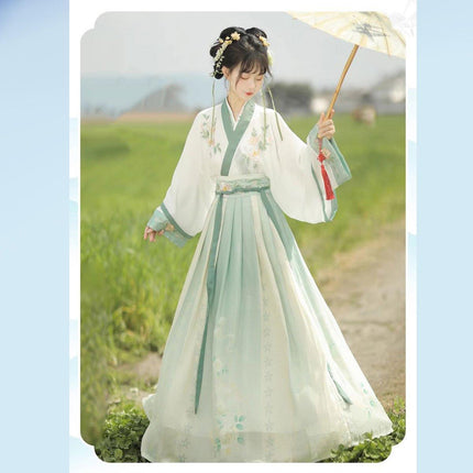 Hanbok Women One Piece Green Flounce Skirt Set Traditional Chinese Style Dress