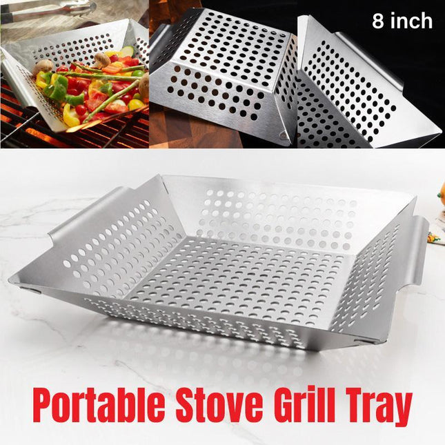 8 Inch Stainless Steel BBQ Grill Tray Perforated Pan Outdoor Barbecue Basket