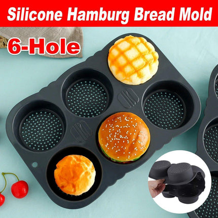 6 Cavity Silicone Hamburger Bun Pan Non Stick Burger Bread Mold Pans Baking Tool