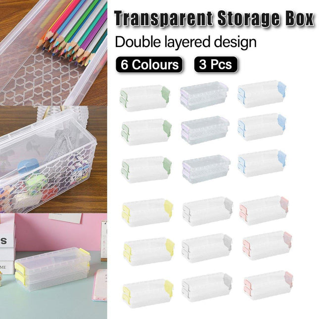3PCS Clear Plastic Desktop Storage Box 2 Layer Holder DIY Stationery Pencil Case