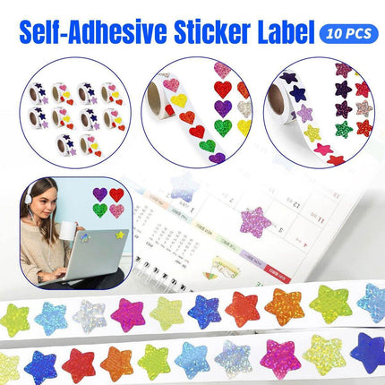 10PCS Self-Adhesive Star Heart Stickers 500/Roll Reward Chart Decoration Labels