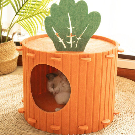 Semi-Enclosed Felt Cat Cave Bed Soft Scratching Relaxing Warm Carrot Cave House