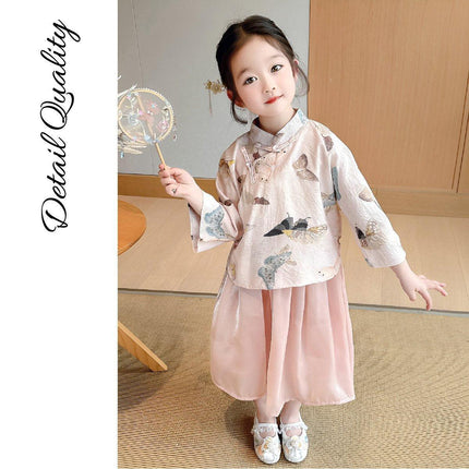 Chinese Hanfu Girls Tang Suit New Traditional Dress Pink Butterfly print Outfit