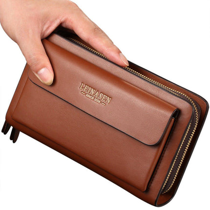 Commuter Clutch Bag for Men Long Leather Wallet Handbag Casual Travel Purse