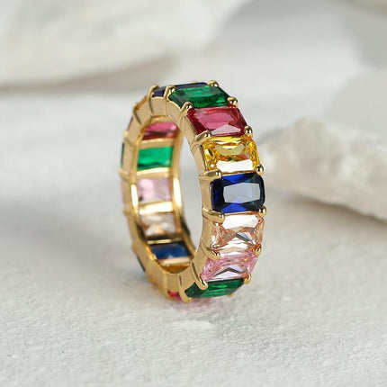 Rainbow Zircon Gemstone Ring Women's Stainless Steel Colourful Ring Size 6-10 - Aimall