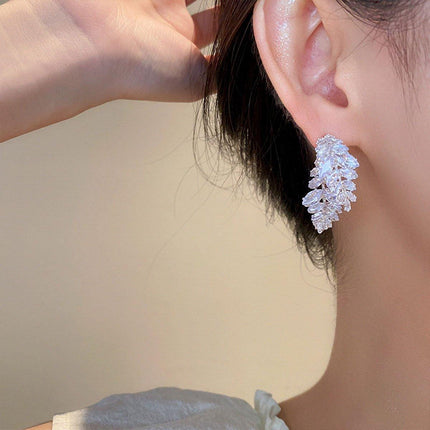 Zircon Leaves Earrings Before After Wear Design Fashion Jewellery Women