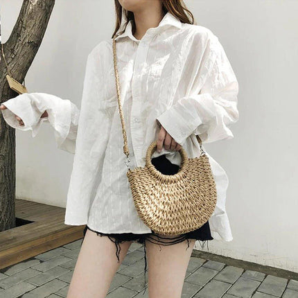 Half Round Woven Beach Bag Holiday Handbag Summer Tote for Travel and Shopping