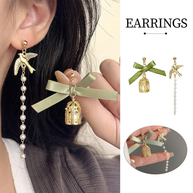 Bird Cage Asymmetrical Earrings Bow Long Fringe Dangle Jewelry Women Fashion
