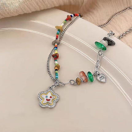 Colourful Flower Smiley Necklace Collarbone Chain Cheerful Women Accessory