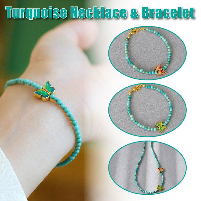 New Chinese Turquoise Butterfly Beaded Necklace and Bracelet Set Women