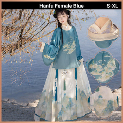 Hanfu Women Traditional Ming Style Round Neck Gown Horsefaced Skirt Set Dress - Aimall