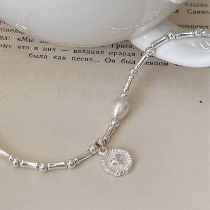 S925 Silver Handmade Bamboo Link Heart and Pearl Pendant Bracelet INS Style Jewelry