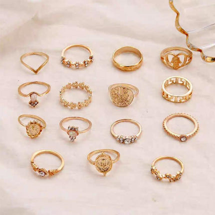 Gold Hollow Stackable Joint Ring Set 15 PCS Various Styles Versatile Womens - Aimall