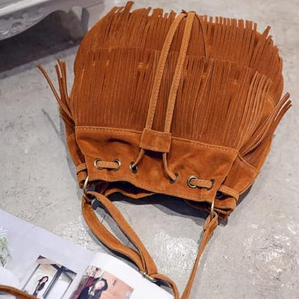 Brown Soft Velvet Tassel Womens Drawstring Shoulder Crossbody Bag for Fashion