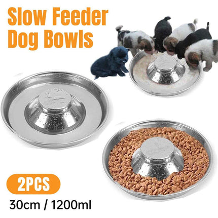 2pcs Stainless Steel Dog Cat Slow Feeder Pet Food Bowl Non-Slip Stop Eating Dish