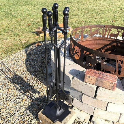 5PCS Grillz Fireplace Tool Set Fire Place Tools Poker Brush Shovel Stand Tongs