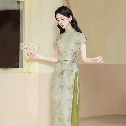 New Chinese Style Green Cheongsam Dress Daily Wear Modern Improved Dresses