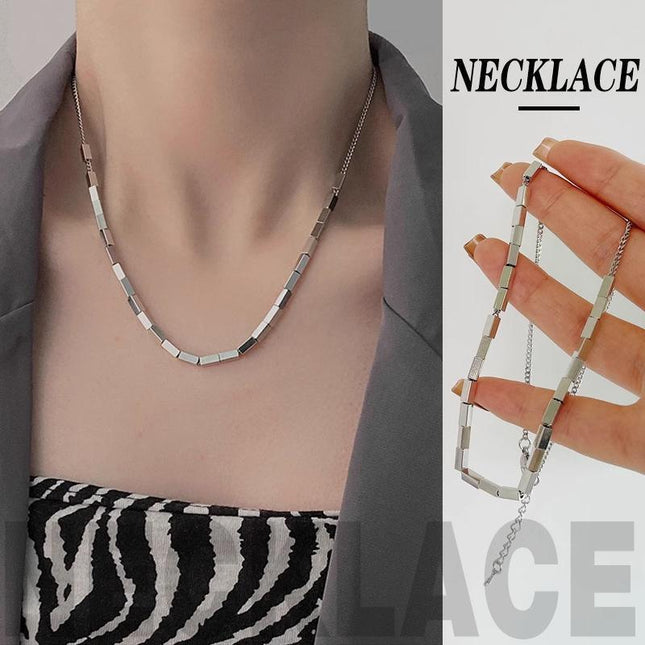 Basic Titanium Steel Silver Slide Block Chain Sparkling Necklace Women Jewelry - Aimall