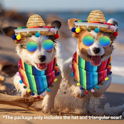 2pcs Striped Triangle Scarf Colourful Hairball Pet Straw Hat Scarf Set for Pets