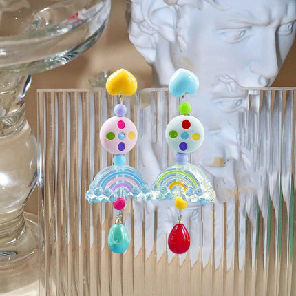Colourful Beaded Resin Love Earrings Asymmetrical Cloud Design Long Jewelry