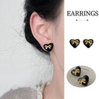 Elegant Black Heart Earrings with Golden Bow for Girls Sweet Fashion Jewelry